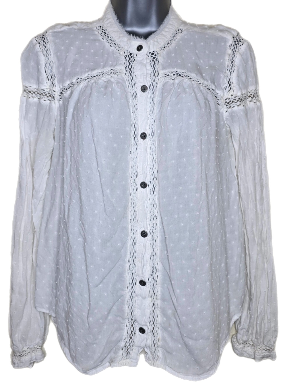 Free People White Swiss Dot Lace Peasant Blouse Women’s Medium Cotton Boho